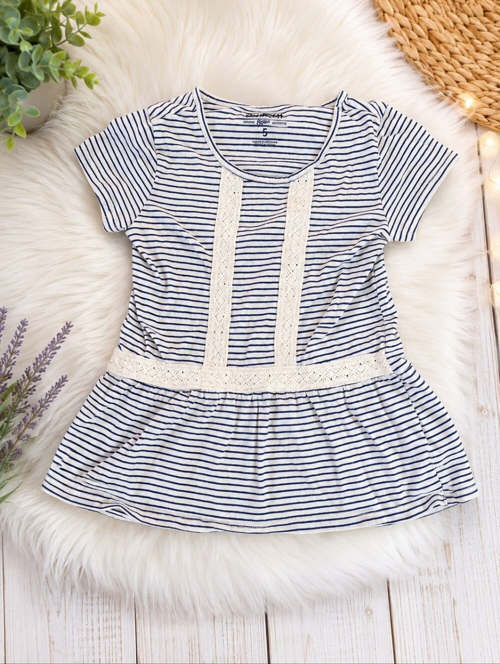 OshKosh B'gosh Striped Peplum Top | Girls Size 5 | Navy & White | Lace Detail